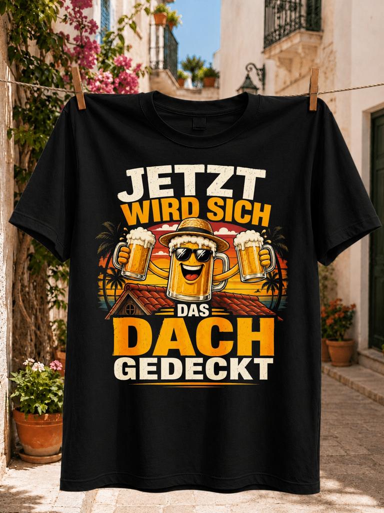 Now the Roof Gets Covered GerUnisex Wordplay with Smiling Beer Character Roof and Tropical Sunset Unisex All TShirt
