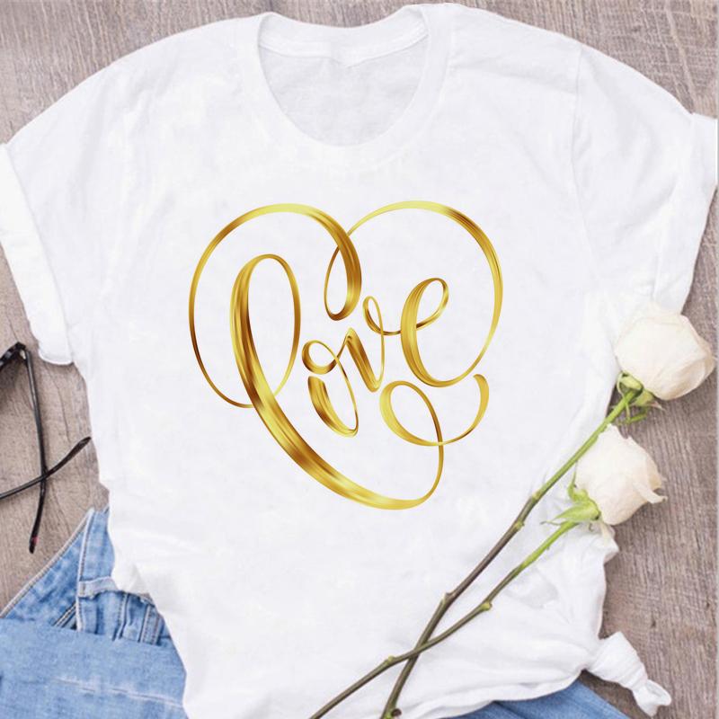 New Women T Shirt Gold Letter Love Print T Shirt Female Short Sleeve Tops Tee 90s Girls Black T-shirt Women Casual Tee Shirts
