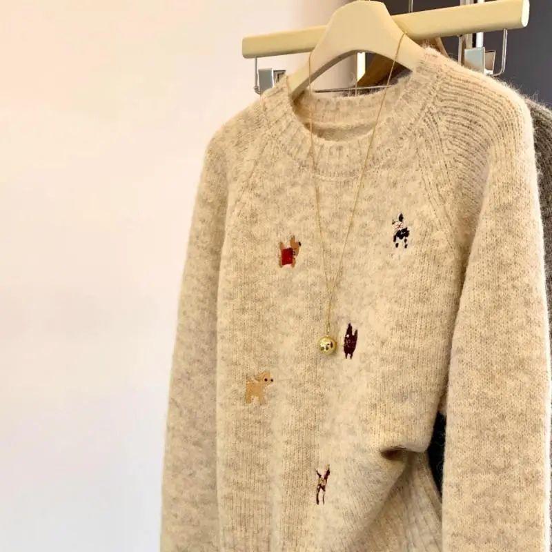 Korean Cute Puppy Embroidery Soft Pullover Sweater, Women's Skin-Friendly Knitwear, Spring/Autumn High-Quality Feel.