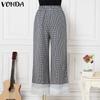 VONDA Women Casual Elastic Waist Drawstring Plaid Trousers