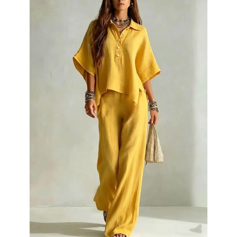 Women's Casual Dolman Sleeve Polo Shirt & Wide Leg Pants 2 Piece Loungewear Set