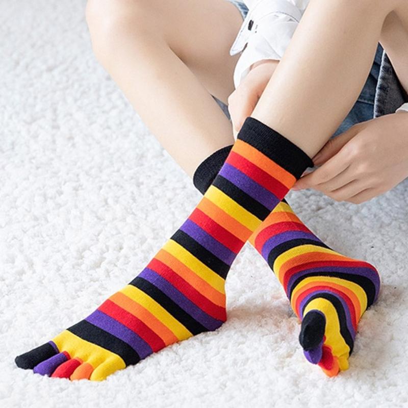1 Pair Rainbow Toe Socks Colorful 5 Toe Calf Socks Rainbow Striped Leg Warmers Funny Long Toe Socks for Women and Girls