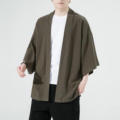 Summer Men's Simple Solid Color Cardigan Casual Loose Chinese Style Three-quarter Sleeve Shirt Windbreaker Large Size