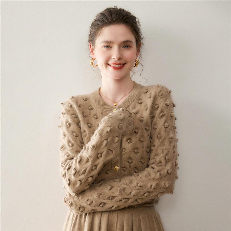 Lightweight & Chic: Autumn/Winter 12-Gauge Cashmere Round Neck Hollow Knit Cardigan with Raised Dots