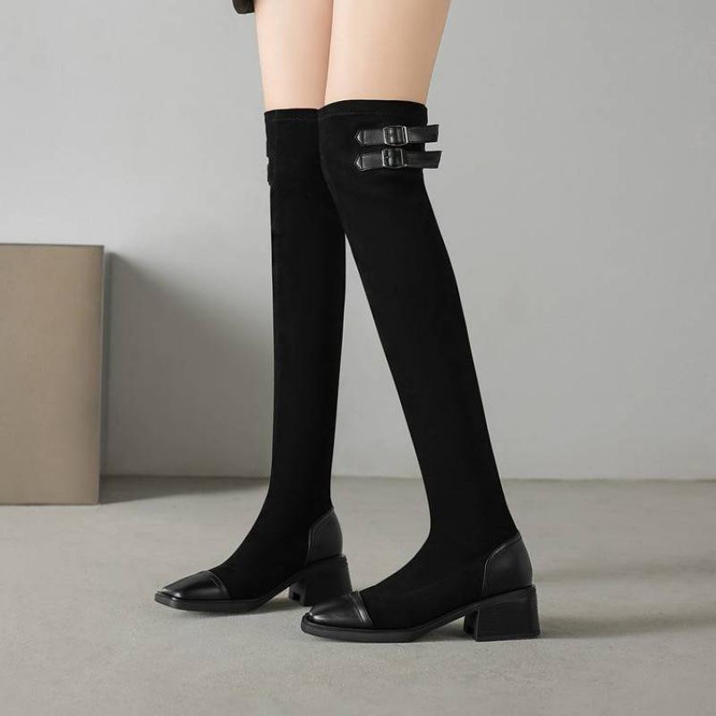 New women's elastic boots women's comfortable sleeve rubber sole middle heel square head suede over knee boots autumn and winter large size boots