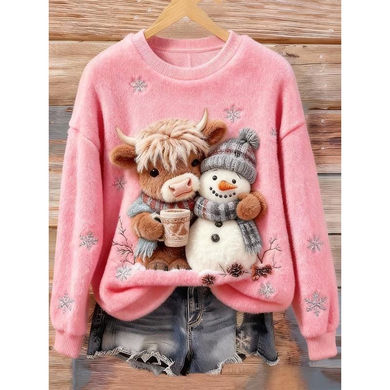 2026 3D Printed Flannel Round Neck Women's Sweater - New Year Collection for Autumn/Winter