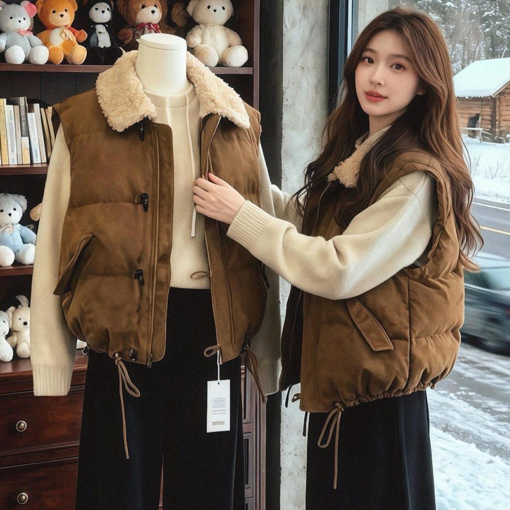 Extra Large Size Autumn and Winter New Women's Fashion Splicing Lapel Sleeveless Vest Warm Thickened Vest Jacket