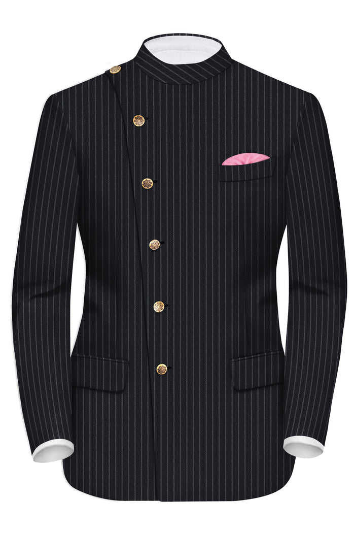 

Piano Black Striped Cross Placket Woolrich Bandhgala Blazer 46