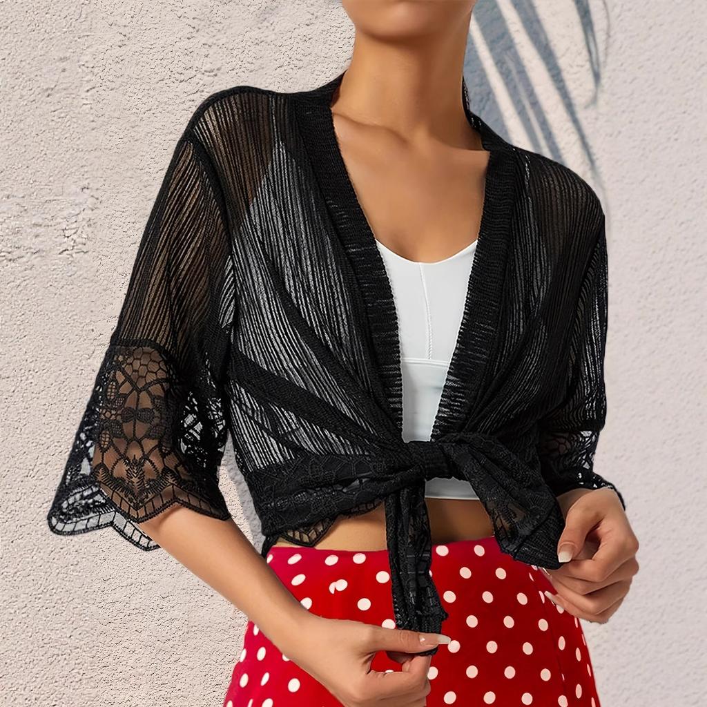 Spring and Summer New Mid-length Cardigan with Three-quarter Sleeves, Lace, and A Sun-protective Shawl for Women, An Air-conditioned Jacket