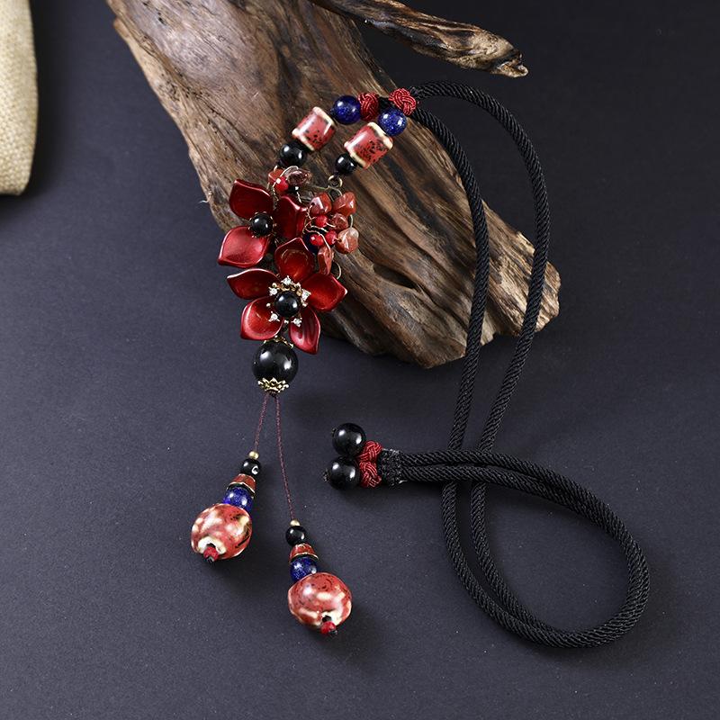 BLINGBAY Women's Vintage Red Flower Pendant Necklace Adjustable Rope Chain Beaded Statement Jewelry Gift