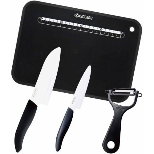 Kyocera 4-Piece Ceramic Knife, Peeler, and Cutting Board Set: Lightweight, Sharp, and Clean Cutting. Includes a 14cm Santoku (small) and an 11cm Petty