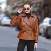 Women's Lambskin Leather Jacket - Short, Belted Lapel, Korean & Western Style