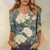 Women's Tops Three-quarter Sleeve Shirt V-neck Loose Casual Shirt Print T-shirt