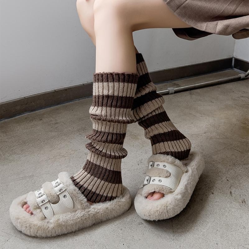 Contrast Color Striped Leg Warmers for Women Girls Ribbed Knitted Boot Covers Over Calf Socks for Dance Parties Hosiery