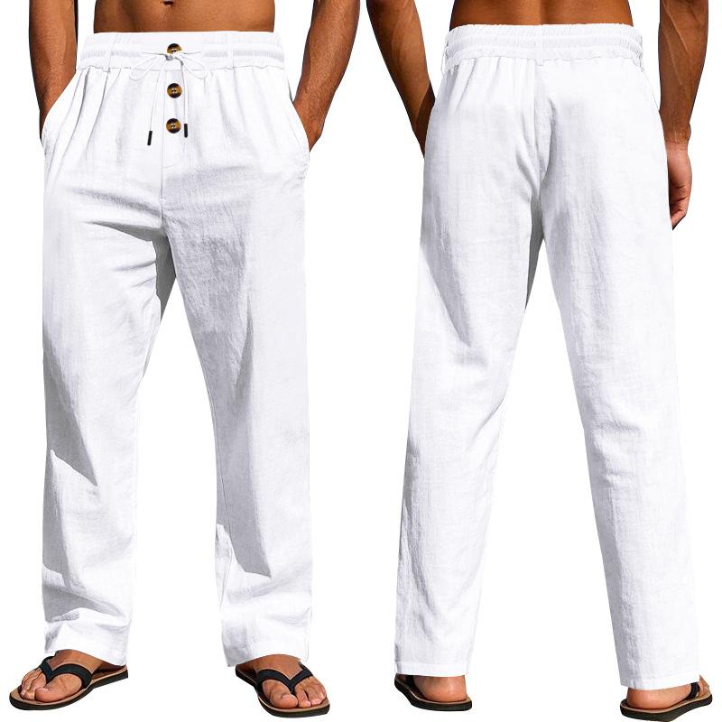 Casual Men's Beachwear: Trendy Button-Front Loose-Fit Linen Trousers - Skin-Friendly and Breathable