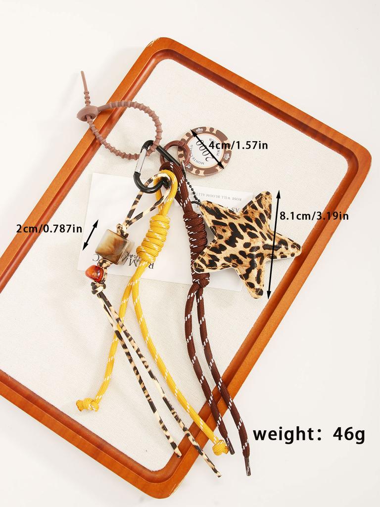 Creative retro fashion leopard print five-pointed star pendant chip braided rope beaded bag pendant keychain