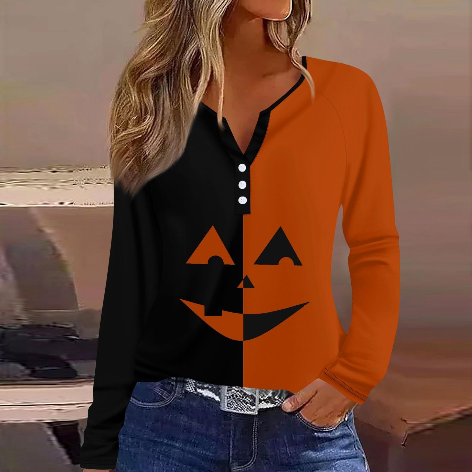 

Женская футболка Футболка с принтом на Хэллоуин и пуговицами Длинный рукав Рукав реглан Повседневные Выходные Мода Классический Топ с v-образным вырезом Обычный Топ XL