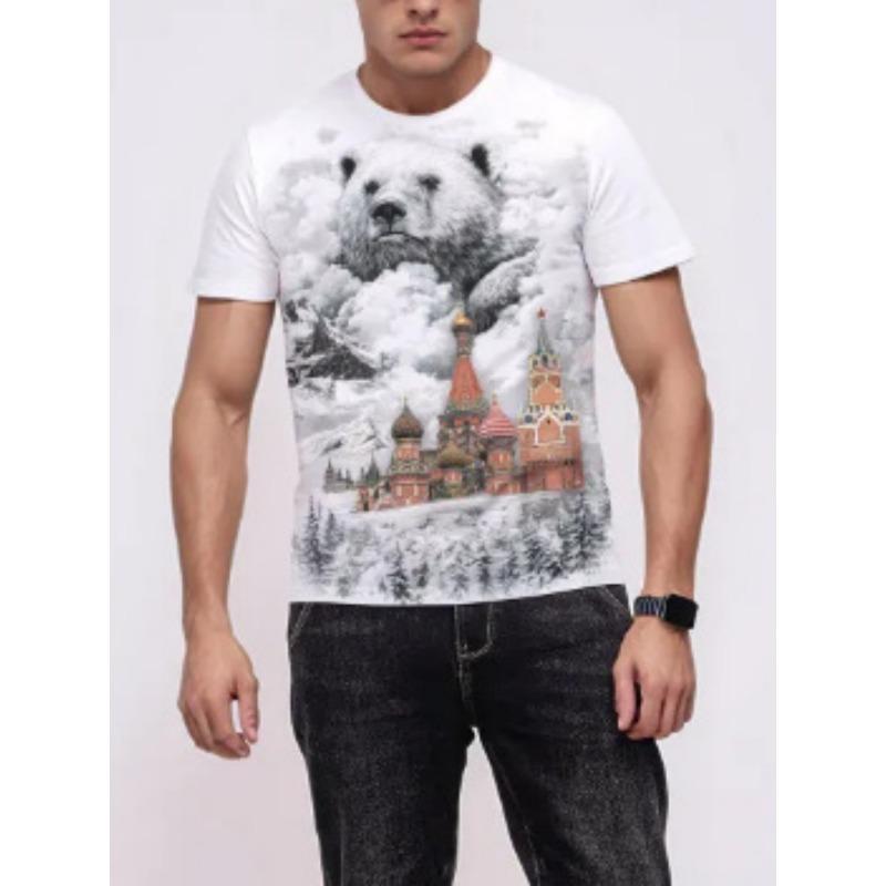 Summer Men's Short-Sleeve T-Shirt Brown Bear Landscape Pattern Print Lightweight Durable Hiking Casual Attire Casual Man Clothes