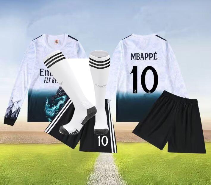 Kids' Real M White Dragon No. 10 Long Sleeve Football Jersey, Sizes 20-30, Digital Print