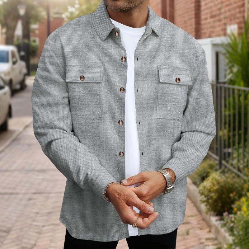 Herren Langarm Waffelstrick Button-Down Hemdjacke Lässig Lockerer Schnitt Shacket mit Taschen
