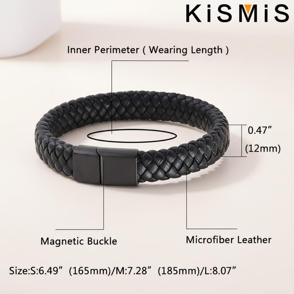 

1PC Fashion Mens Woven Leather Bracelet Handmade Black Stainless Steel Magnetic Buckle Wristband