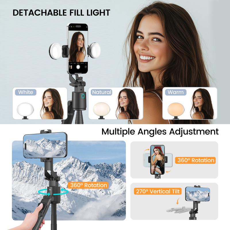 Selfie Stick with Face Tracking Extendable 360° Rotation Selfie Stick Tripod with BT Remote Control Cell Phone Holder 7