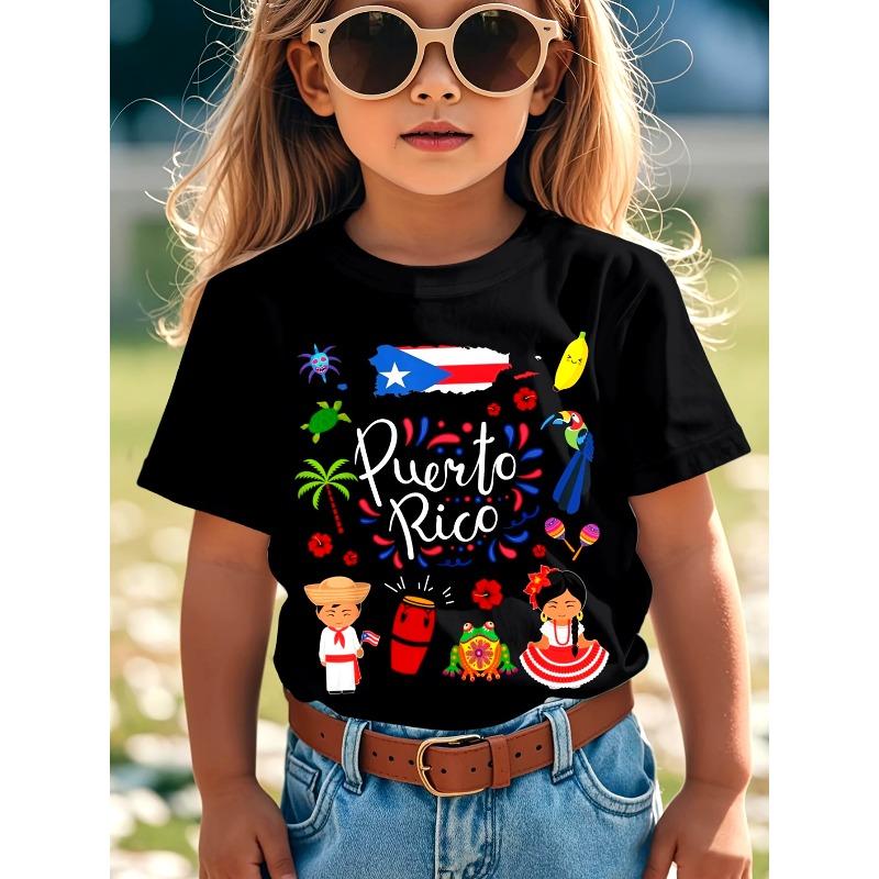 

European Size Girls Round Neck Short Sleeved T Shirt with Puerto Rican Cultural Pattern 98cm чёрный