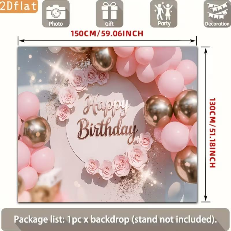 D Pink Floral Rose Gold Birthday Backdrop Glitter Balloon Themed Party Photography Background
