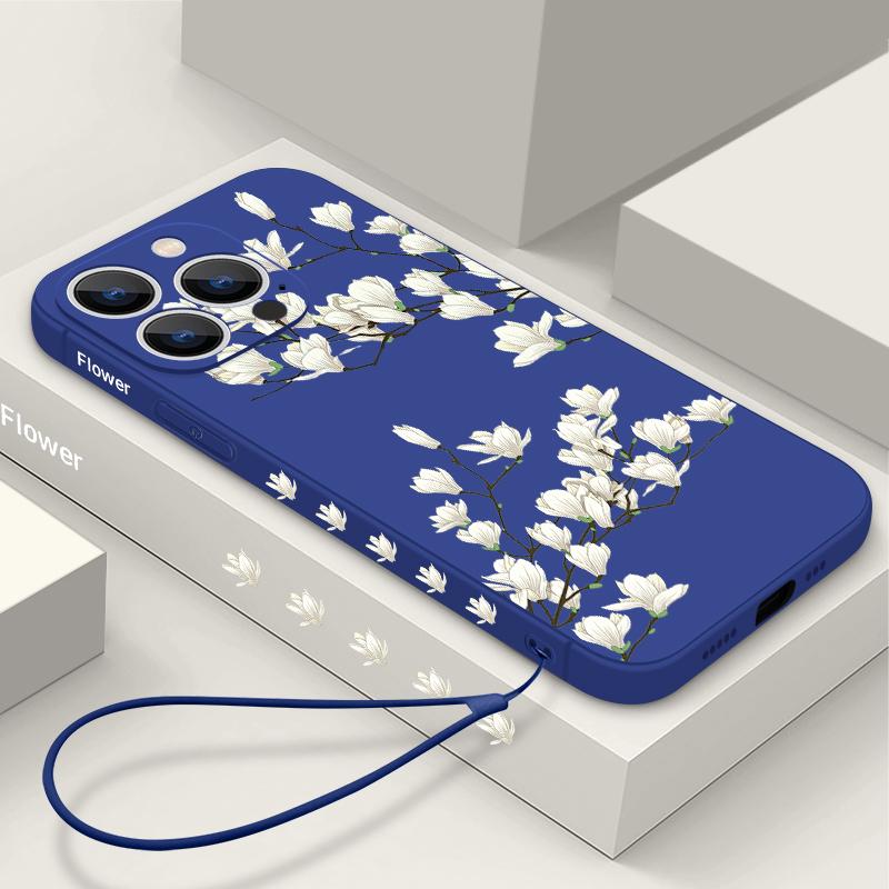 Shockproof Flower Print Phone Case For iPhone 16 Pro Max 15 Plus 14 13 Pro 12 Mini 11 Silicone Lanyard TPU Hard Slim Shell