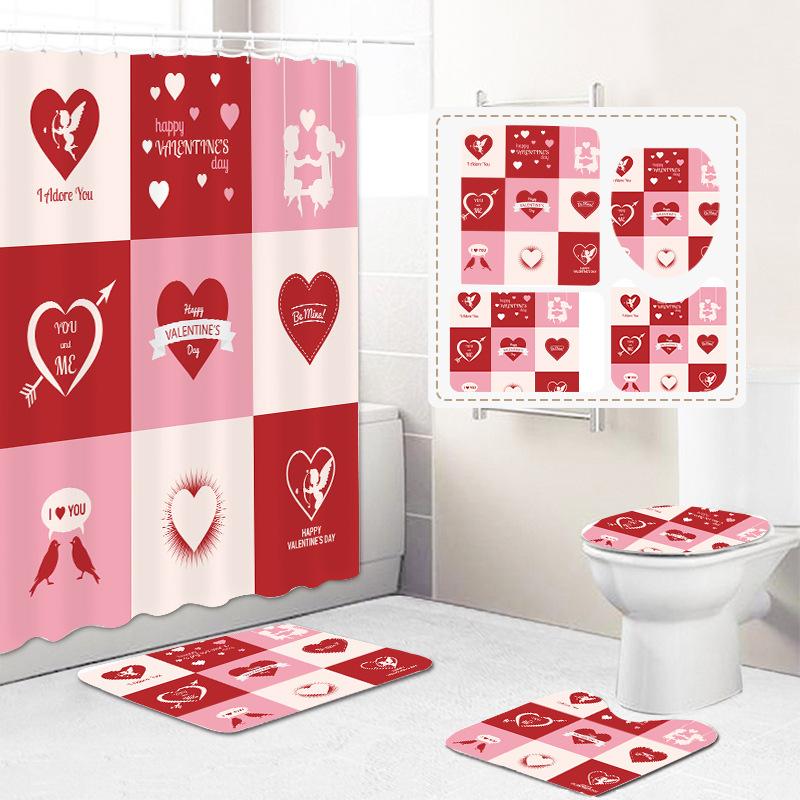 1 Set Waterproof Shower Curtain Romantic Valentine'S Day Heart Rose Bathroom Curtain Set Shower With 12Pcs Plastic Hooks