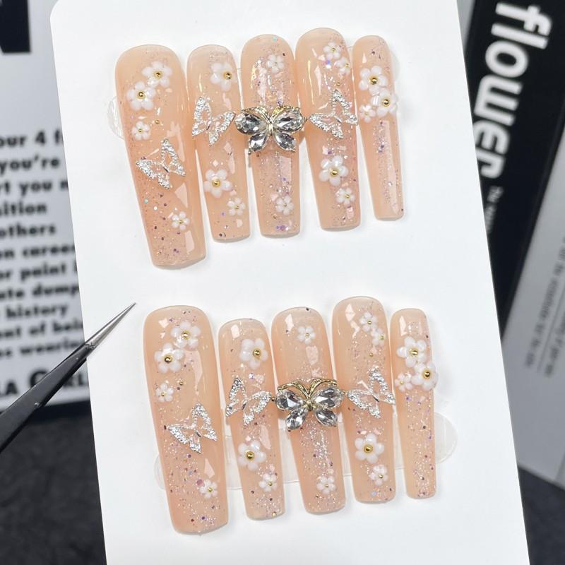Handmade Press-On Nails Long Coffin Shape Sweet Ice-Transparent Floral Butterfly Design Women