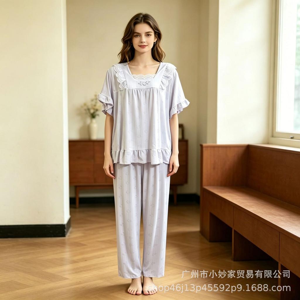 Popular women's pajamas set lace splicing lace solid color casual sweet loungewear
