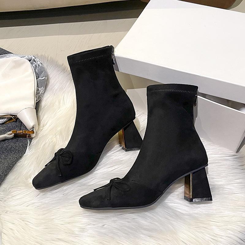 

Bow back zipper temperament square head high heel short boots women s autumn and winter thick heel thin boots short tube 35