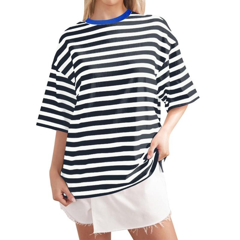 Casual Striped Round Neck Short Sleeve T-Shirt Women Men Comfortable Milk Silk Blend Loose Fit Home Wear