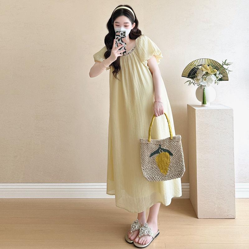 2026 Korean Style Summer Maternity Dress with Sweet Puff Sleeves - Loose, Belly-Covering, Fashionable Skirt M