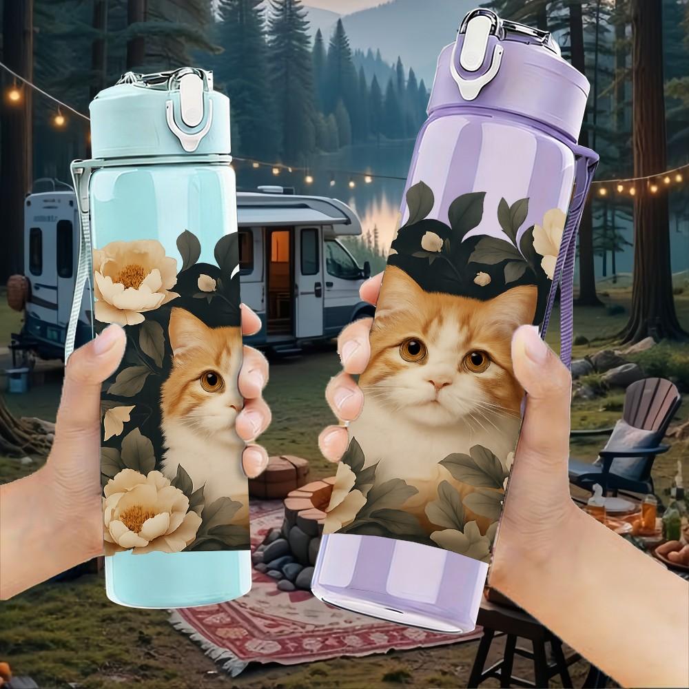 1PC Cat Surrounded By Rose Print 750ml Color Plastic Sports Water Bottle Leakproof Flip Straw Lid Suitable for Sports Office Home Use