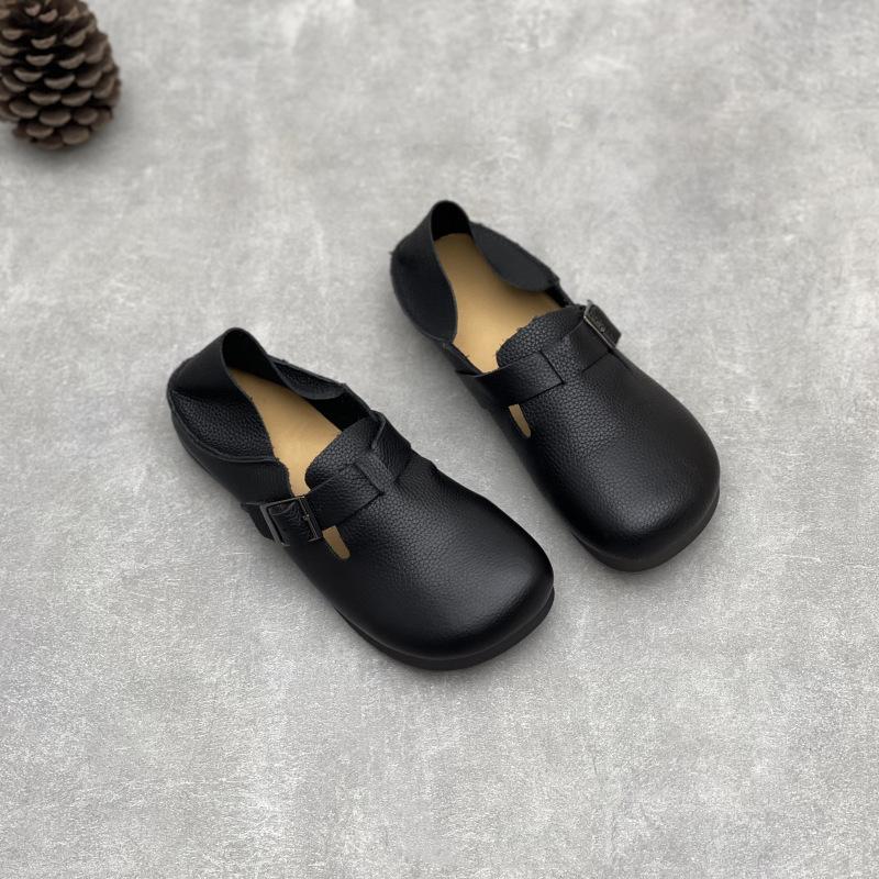 Johnature Genuine Leather Round Toe Soft Soled Loafers Versatile Soft Cowhide Flat Women's Shoes
