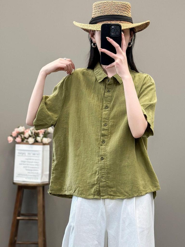 Women's Retro-Style Cotton & Linen Five-Sleeve Lapel Shirt for Spring/Summer