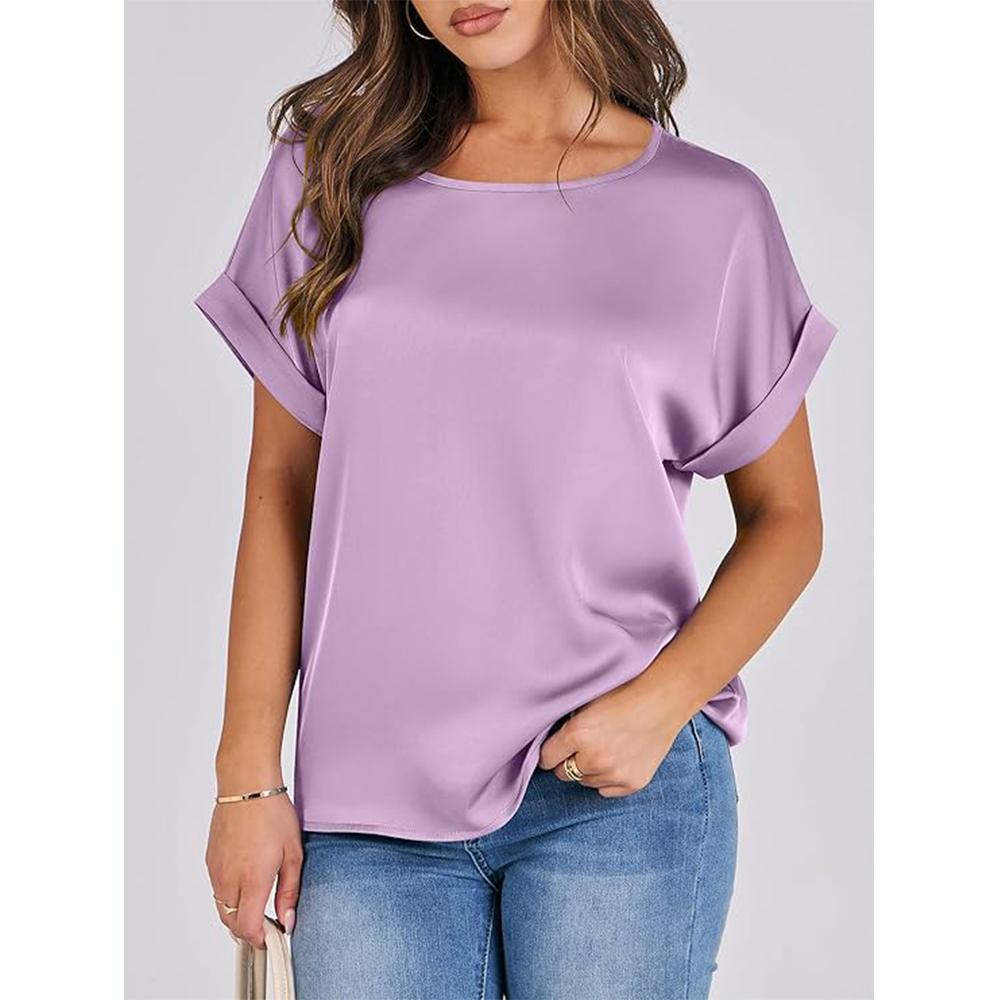 Women's Summer Dressy Casual Short Sleeve Shirts Crewneck Silk Satin Business Office Work Blouse Tops
