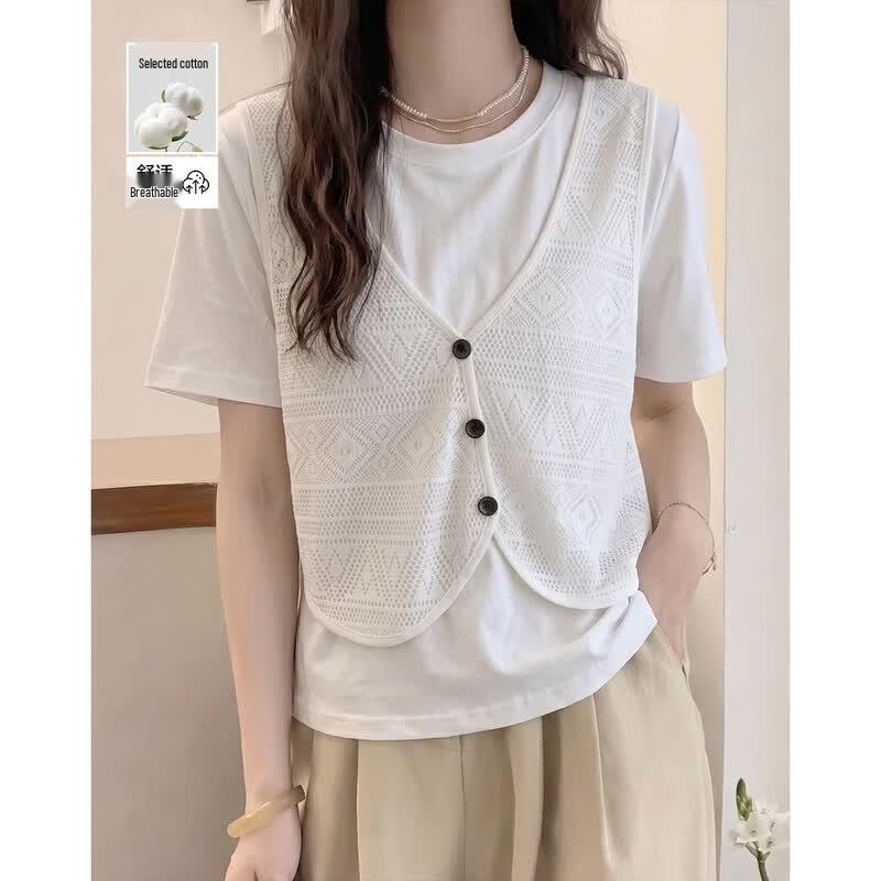 Demana Women s Faux Two-Piece Hollow T-shirt L