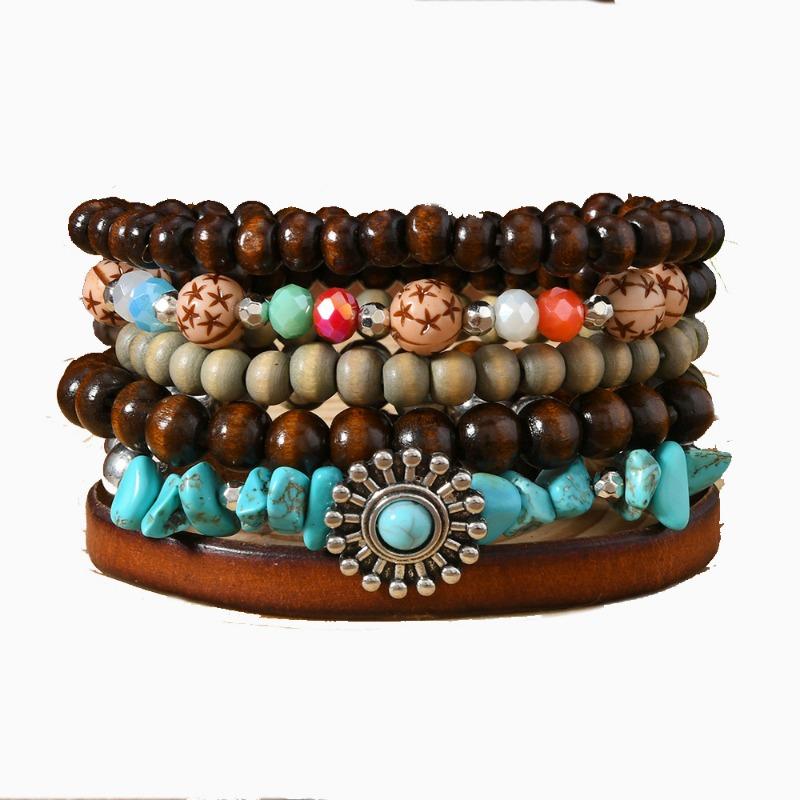 6-Piece New Wooden Bead Beaded Turquoise Bracelet Suitable for Daily Wear by Men and Women