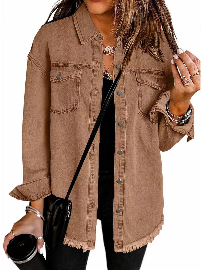 Women's Frayed Hem Denim Shirt Jacket - European & American Street Style for Autumn/Winter.