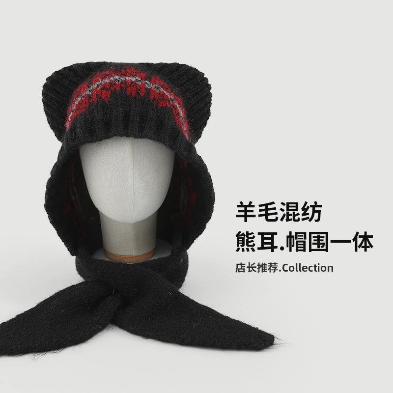 Fair Island Bear Ears Jacquard Knitted Hat Women's Versatile Warm and Cold-proof Big Head Circumference Face Protection Neck Wool Hat