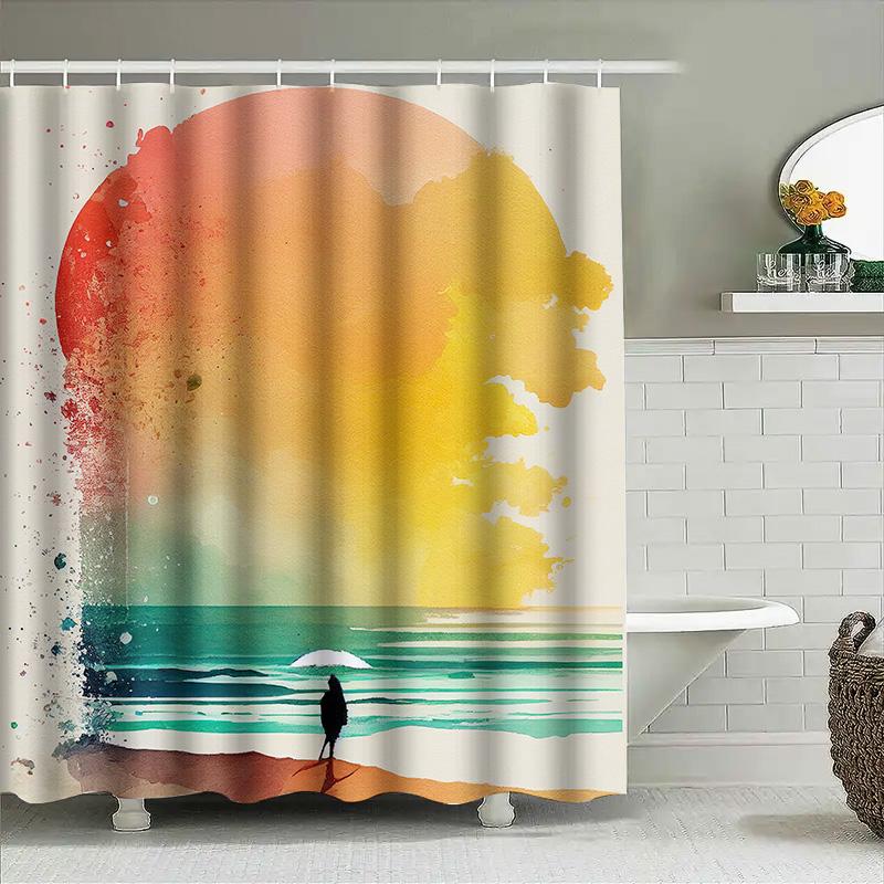 Colorful Shower Curtain Beach Sunset Design For Bathroom Decor Modern Waterproof Fabric With Hook Rings Set In Various Sizes