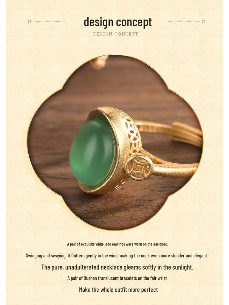 Retro Kinesisk Stil Gullbelagt Ring med Grønn Kalsedon Innlegg