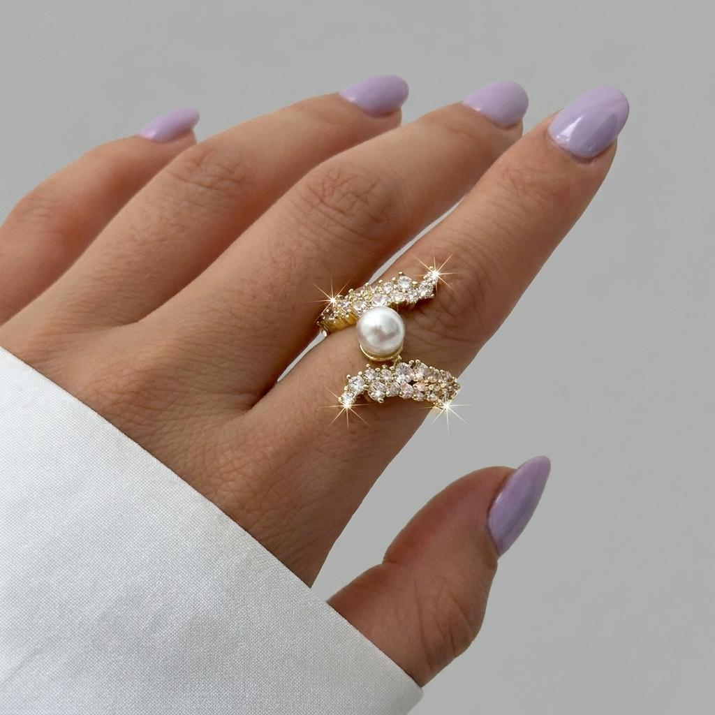Shiny Green Crystal Butterfly Ring For Women French Style Inlaid Zircon Pearl Flower Waterdrop Crown Finger Ring Wedding Jewelry