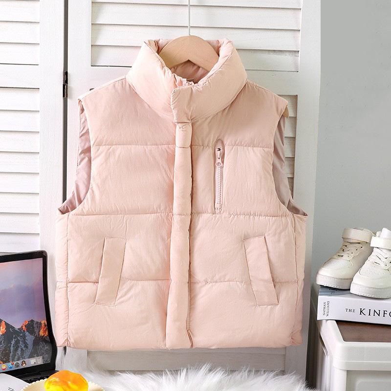 Children's Zippered Down Cotton Stand-up Collar Vests for Autumn and Winter, Solid-colored Vests for Boys and Girls