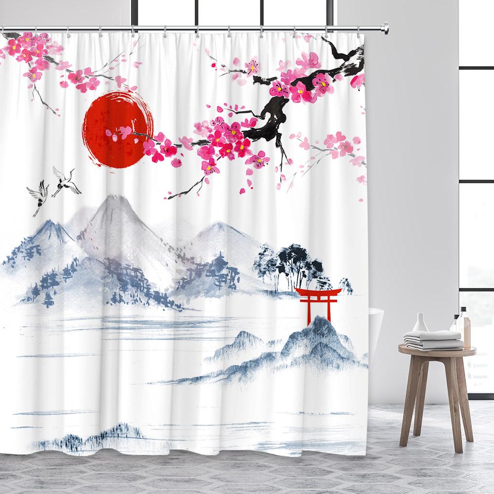 Japanese Style Shower Curtain Octopus Koi Fish Sea Waves Cherry Blossom Abstract Mountain Ink Art Curtains Fabric Bathroom Decor