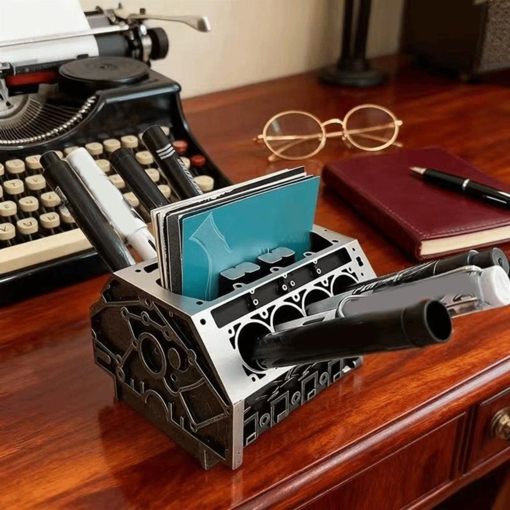 Black Engine Shape Business Card Holder Resin Pen Holder Engine Block Desk Organizer Hotel