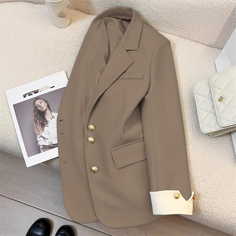 

Элегантный женский пиджак-пальто Модный воротник-стойка Длинный рукав Женские пальто Весенне-осенняя мода Свободная офисная леди Верхняя одежда XXXL